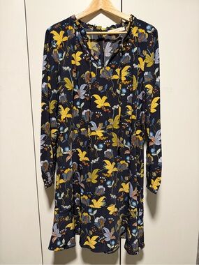 LOFT Navy Long-Sleeve Floral Dress with Yellow and Light Blue Blossoms